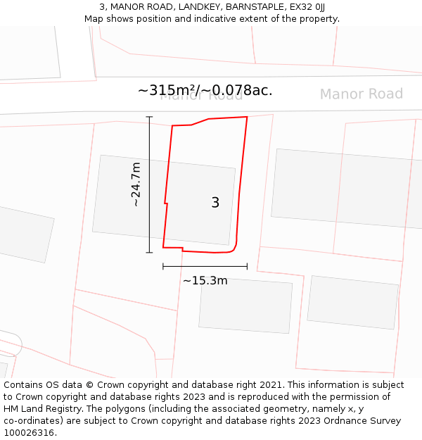 3, MANOR ROAD, LANDKEY, BARNSTAPLE, EX32 0JJ: Plot and title map