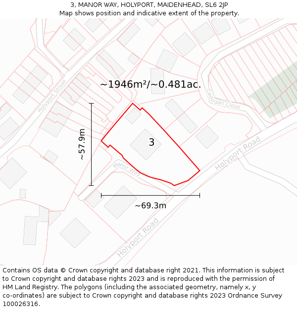 3, MANOR WAY, HOLYPORT, MAIDENHEAD, SL6 2JP: Plot and title map