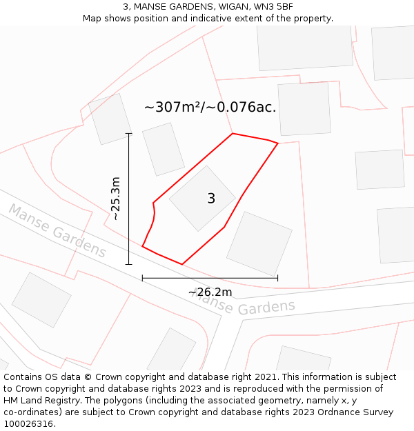 3, MANSE GARDENS, WIGAN, WN3 5BF: Plot and title map