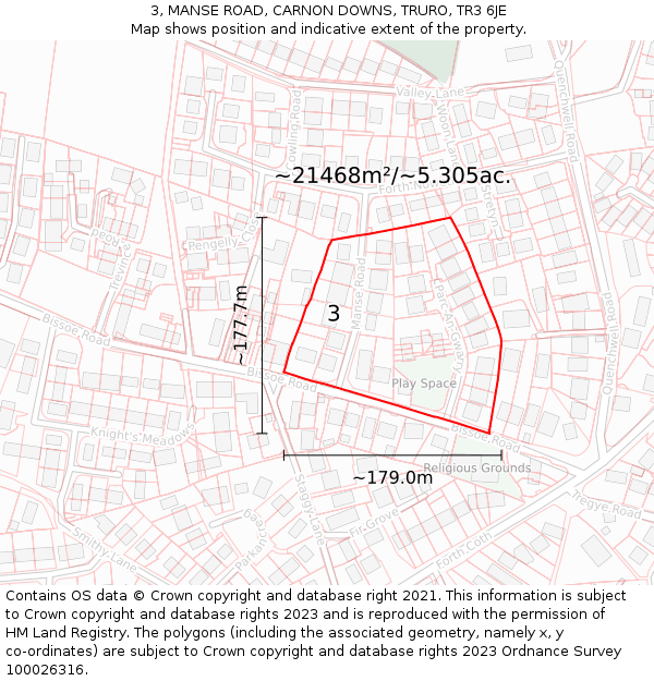 3, MANSE ROAD, CARNON DOWNS, TRURO, TR3 6JE: Plot and title map