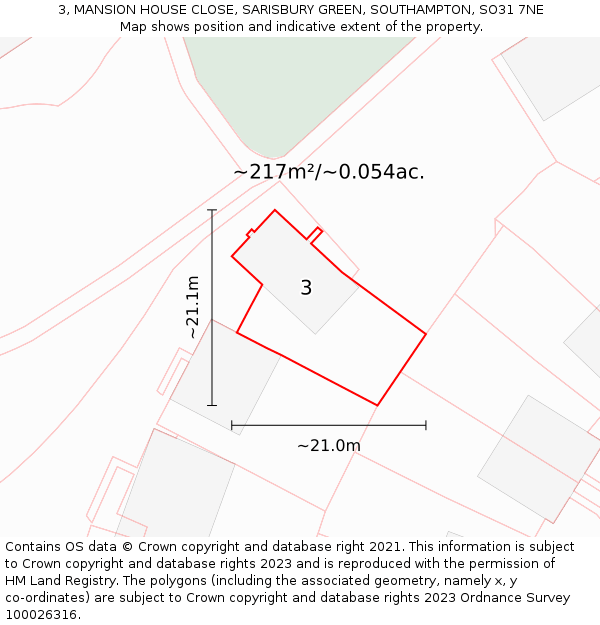 3, MANSION HOUSE CLOSE, SARISBURY GREEN, SOUTHAMPTON, SO31 7NE: Plot and title map