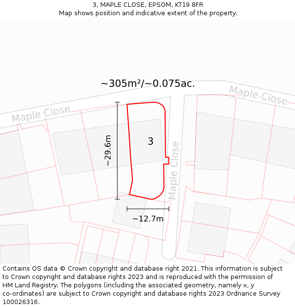 3, MAPLE CLOSE, EPSOM, KT19 8FR: Plot and title map