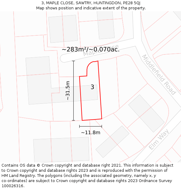 3, MAPLE CLOSE, SAWTRY, HUNTINGDON, PE28 5QJ: Plot and title map