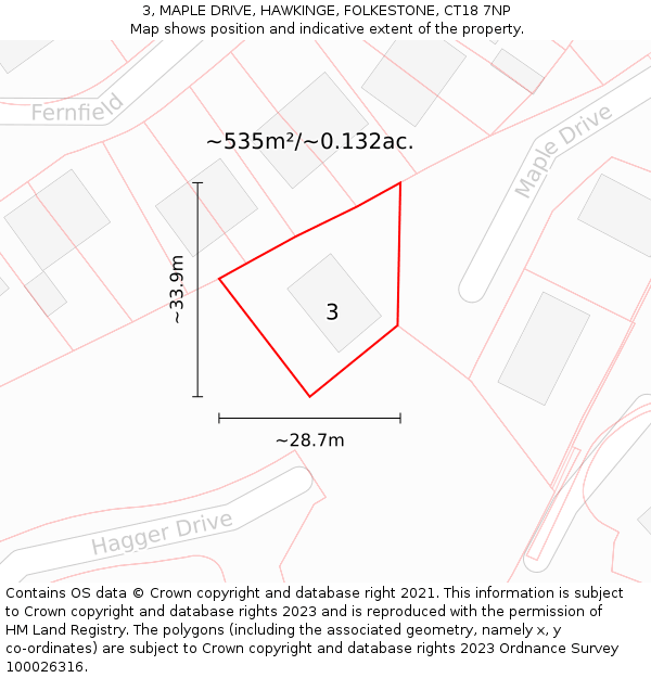 3, MAPLE DRIVE, HAWKINGE, FOLKESTONE, CT18 7NP: Plot and title map