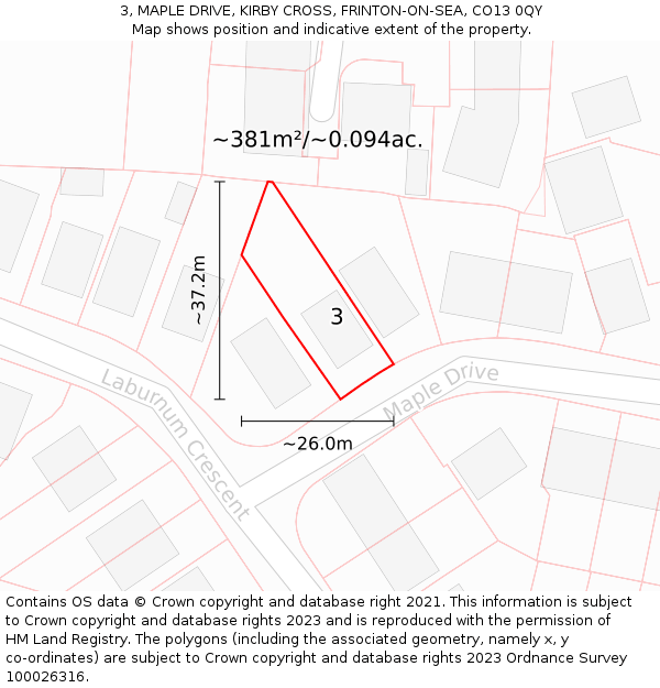 3, MAPLE DRIVE, KIRBY CROSS, FRINTON-ON-SEA, CO13 0QY: Plot and title map