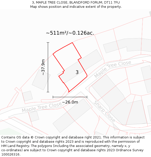 3, MAPLE TREE CLOSE, BLANDFORD FORUM, DT11 7FU: Plot and title map