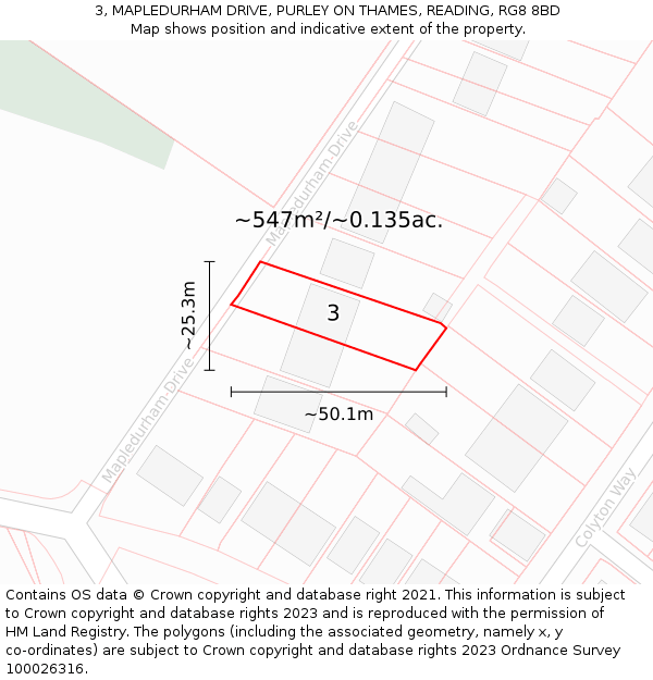3, MAPLEDURHAM DRIVE, PURLEY ON THAMES, READING, RG8 8BD: Plot and title map