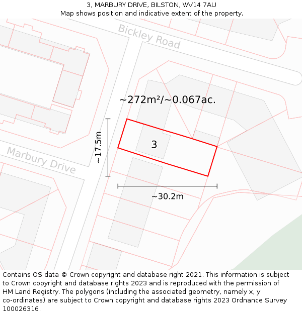 3, MARBURY DRIVE, BILSTON, WV14 7AU: Plot and title map