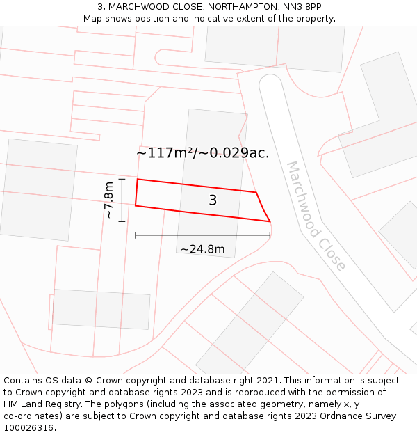 3, MARCHWOOD CLOSE, NORTHAMPTON, NN3 8PP: Plot and title map