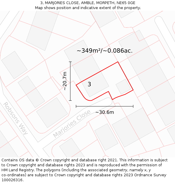 3, MARJORIES CLOSE, AMBLE, MORPETH, NE65 0GE: Plot and title map