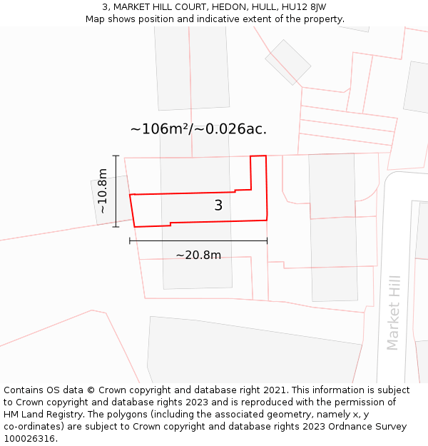 3, MARKET HILL COURT, HEDON, HULL, HU12 8JW: Plot and title map