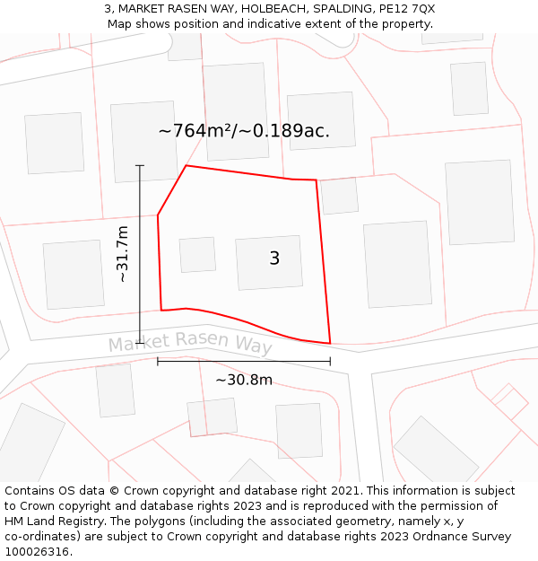 3, MARKET RASEN WAY, HOLBEACH, SPALDING, PE12 7QX: Plot and title map