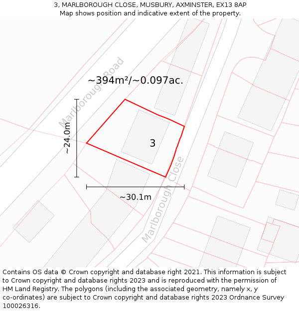 3, MARLBOROUGH CLOSE, MUSBURY, AXMINSTER, EX13 8AP: Plot and title map