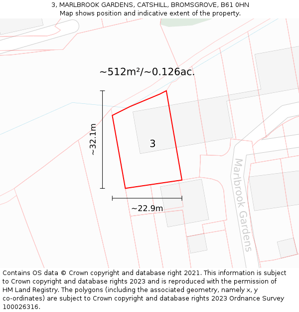 3, MARLBROOK GARDENS, CATSHILL, BROMSGROVE, B61 0HN: Plot and title map