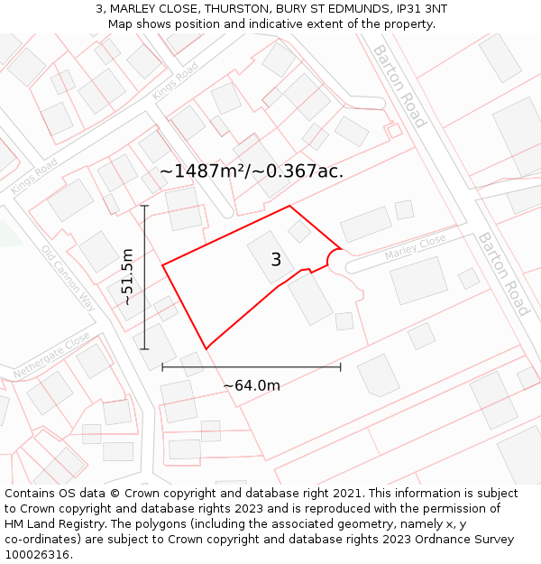 3, MARLEY CLOSE, THURSTON, BURY ST EDMUNDS, IP31 3NT: Plot and title map