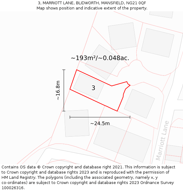 3, MARRIOTT LANE, BLIDWORTH, MANSFIELD, NG21 0QF: Plot and title map