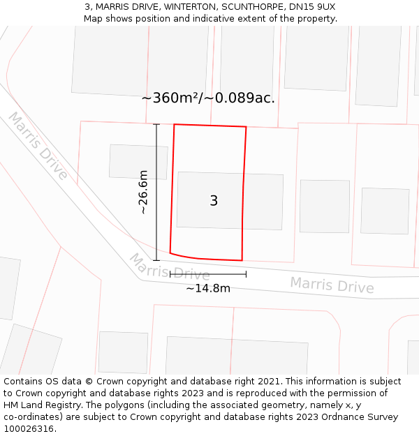3, MARRIS DRIVE, WINTERTON, SCUNTHORPE, DN15 9UX: Plot and title map