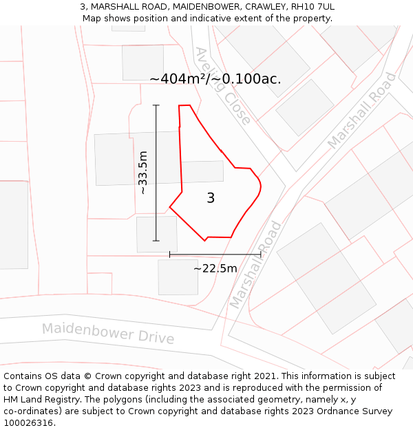 3, MARSHALL ROAD, MAIDENBOWER, CRAWLEY, RH10 7UL: Plot and title map