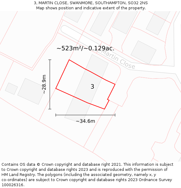 3, MARTIN CLOSE, SWANMORE, SOUTHAMPTON, SO32 2NS: Plot and title map