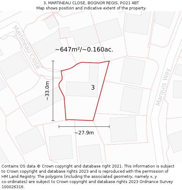 3, MARTINEAU CLOSE, BOGNOR REGIS, PO21 4BT: Plot and title map