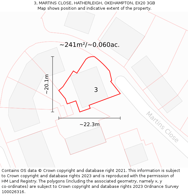 3, MARTINS CLOSE, HATHERLEIGH, OKEHAMPTON, EX20 3GB: Plot and title map