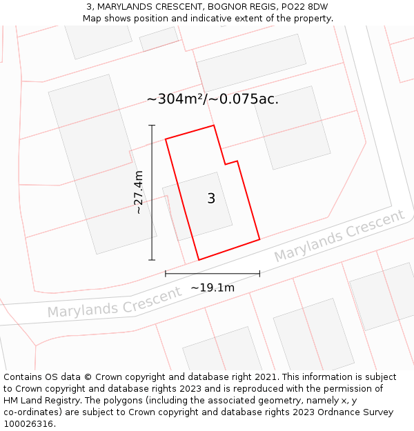 3, MARYLANDS CRESCENT, BOGNOR REGIS, PO22 8DW: Plot and title map