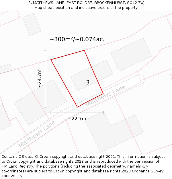 3, MATTHEWS LANE, EAST BOLDRE, BROCKENHURST, SO42 7WJ: Plot and title map