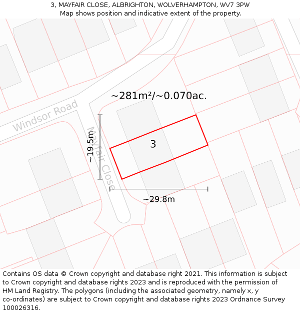 3, MAYFAIR CLOSE, ALBRIGHTON, WOLVERHAMPTON, WV7 3PW: Plot and title map