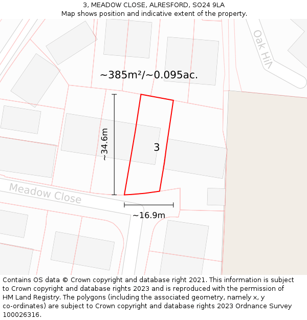 3, MEADOW CLOSE, ALRESFORD, SO24 9LA: Plot and title map