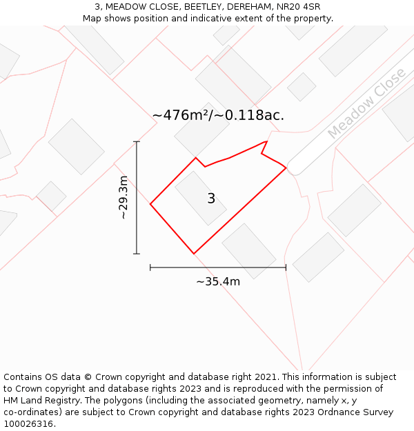 3, MEADOW CLOSE, BEETLEY, DEREHAM, NR20 4SR: Plot and title map