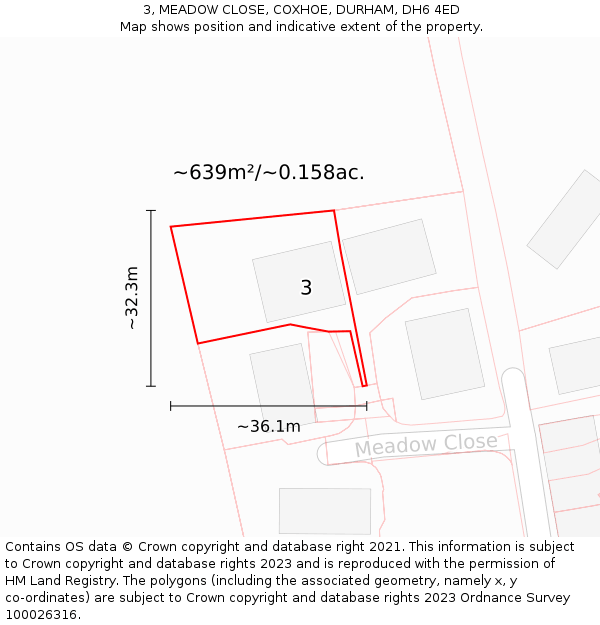 3, MEADOW CLOSE, COXHOE, DURHAM, DH6 4ED: Plot and title map