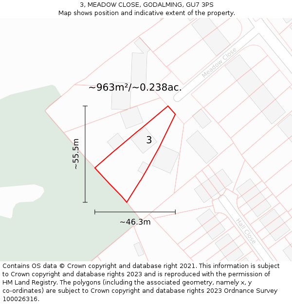 3, MEADOW CLOSE, GODALMING, GU7 3PS: Plot and title map