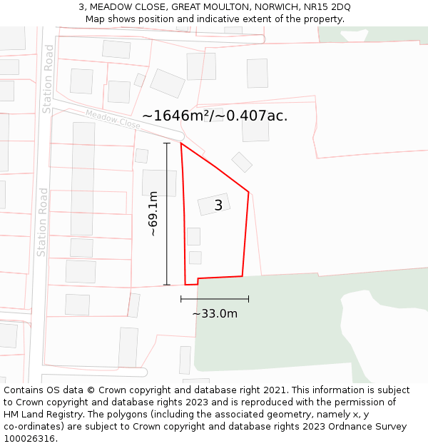 3, MEADOW CLOSE, GREAT MOULTON, NORWICH, NR15 2DQ: Plot and title map