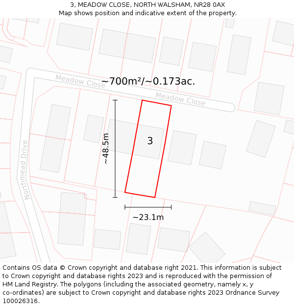 3, MEADOW CLOSE, NORTH WALSHAM, NR28 0AX: Plot and title map