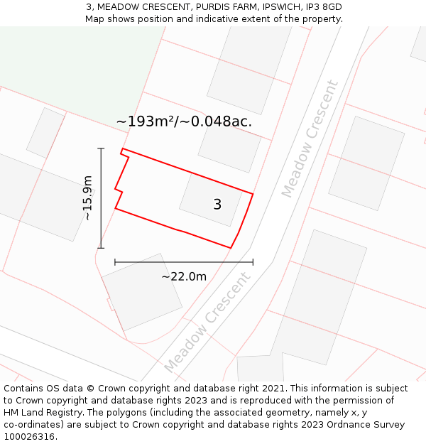 3, MEADOW CRESCENT, PURDIS FARM, IPSWICH, IP3 8GD: Plot and title map