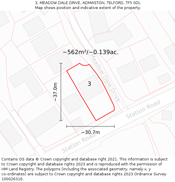 3, MEADOW DALE DRIVE, ADMASTON, TELFORD, TF5 0DL: Plot and title map