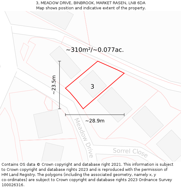 3, MEADOW DRIVE, BINBROOK, MARKET RASEN, LN8 6DA: Plot and title map