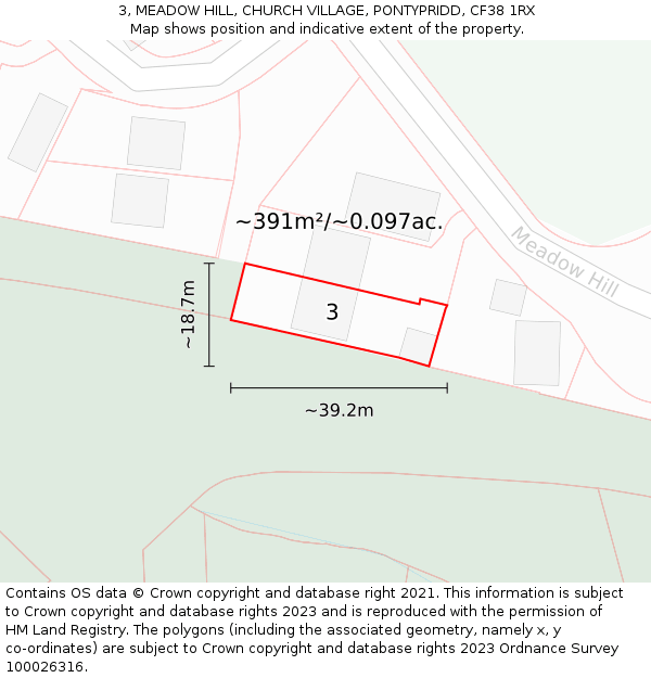 3, MEADOW HILL, CHURCH VILLAGE, PONTYPRIDD, CF38 1RX: Plot and title map