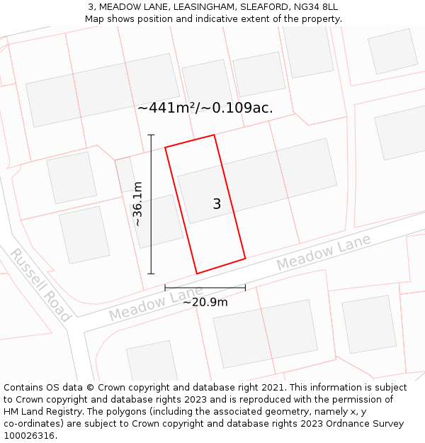 3, MEADOW LANE, LEASINGHAM, SLEAFORD, NG34 8LL: Plot and title map