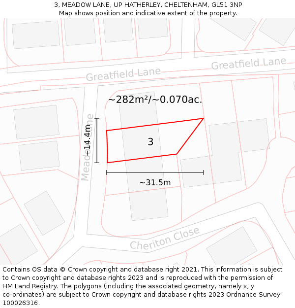 3, MEADOW LANE, UP HATHERLEY, CHELTENHAM, GL51 3NP: Plot and title map