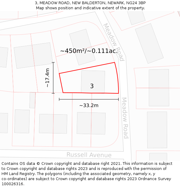 3, MEADOW ROAD, NEW BALDERTON, NEWARK, NG24 3BP: Plot and title map