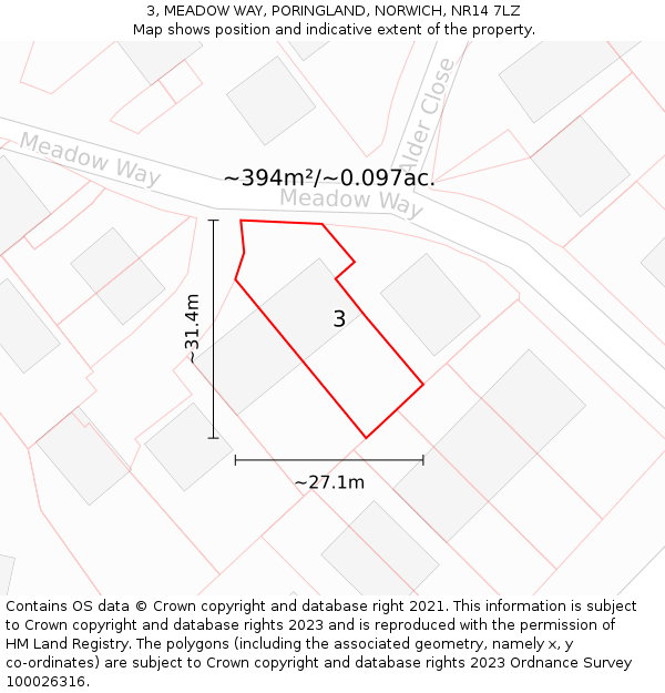 3, MEADOW WAY, PORINGLAND, NORWICH, NR14 7LZ: Plot and title map