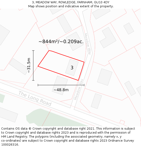 3, MEADOW WAY, ROWLEDGE, FARNHAM, GU10 4DY: Plot and title map