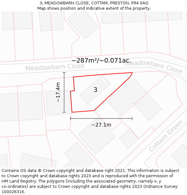 3, MEADOWBARN CLOSE, COTTAM, PRESTON, PR4 0AG: Plot and title map