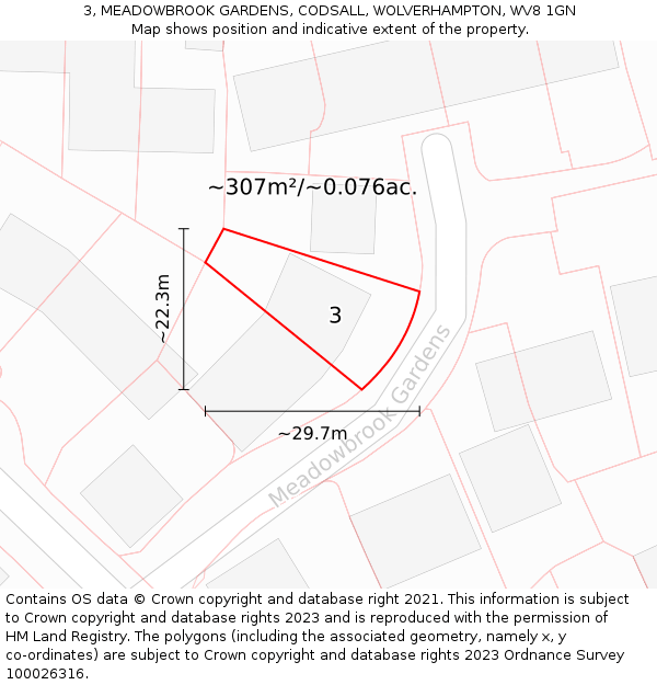 3, MEADOWBROOK GARDENS, CODSALL, WOLVERHAMPTON, WV8 1GN: Plot and title map