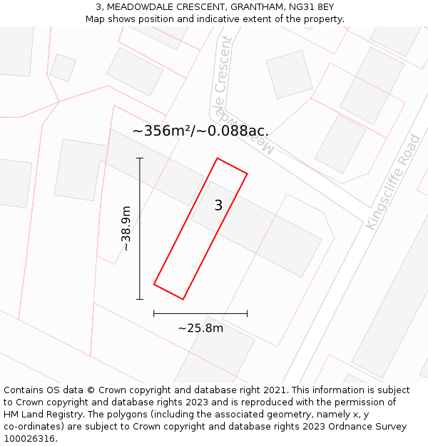 3, MEADOWDALE CRESCENT, GRANTHAM, NG31 8EY: Plot and title map