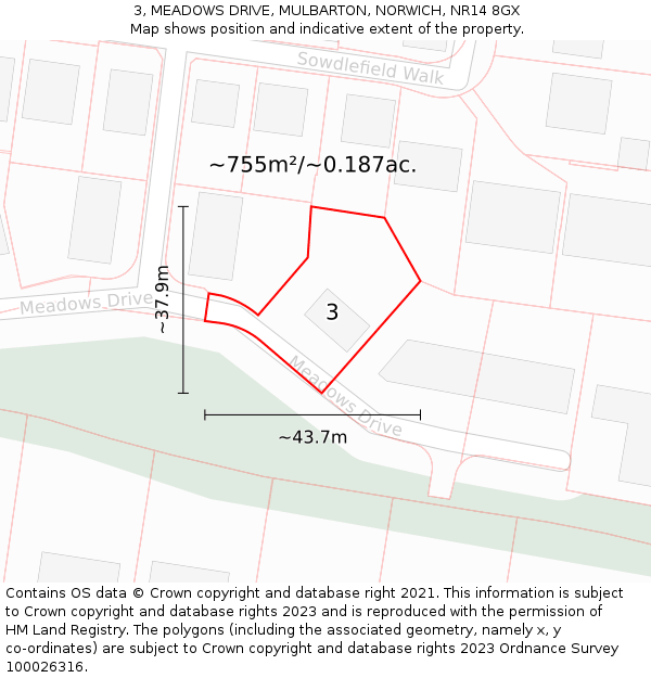 3, MEADOWS DRIVE, MULBARTON, NORWICH, NR14 8GX: Plot and title map