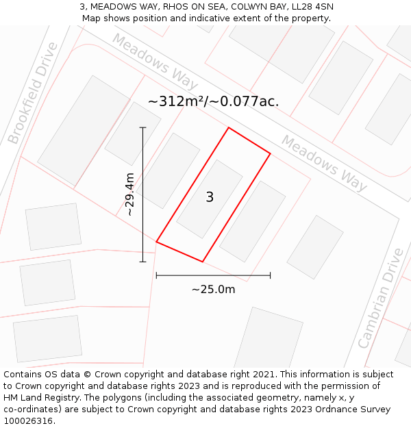 3, MEADOWS WAY, RHOS ON SEA, COLWYN BAY, LL28 4SN: Plot and title map