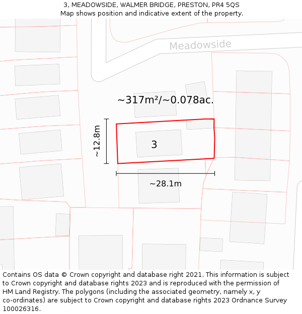 3, MEADOWSIDE, WALMER BRIDGE, PRESTON, PR4 5QS: Plot and title map