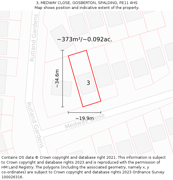 3, MEDWAY CLOSE, GOSBERTON, SPALDING, PE11 4HS: Plot and title map